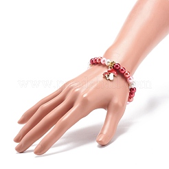 Braccialetto elasticizzato con perline di vetro rosso con ciondolo a forma di fungo smaltato in lega da donna&nbsp;BJEW-JB08711