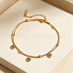 Tobilleras de una sola hebra de acero inoxidable 304 con dije de triple corazón de cristal y rhinestone para mujer.&nbsp;WG509DE-01