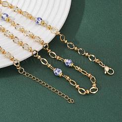 Женские ожерелья из круглых синих и белых бусин из фарфора с тиснением и овальных звеньев из латуни&nbsp;NJEW-JN05588