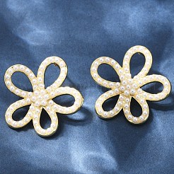 Серьги-гвоздики из искусственного жемчуга с цветком из латуни и АБС-пластика&nbsp;EJEW-M082-07G