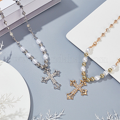 2 шт. 2-цветное ожерелье с подвеской в виде креста-флери из горного хрусталя и цепочками из пластиковых бусин&nbsp;NJEW-AN0001-77