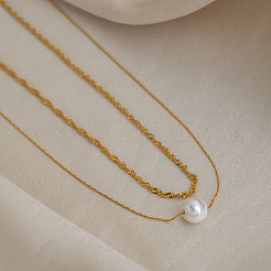 Collares de doble capa de acero inoxidable 304 con colgantes redondos de perlas de imitación blancas para mujer.&nbsp;KQ2558