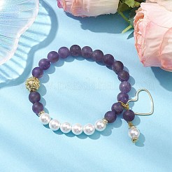 Braccialetti elasticizzati con perline rotonde di ametista naturale satinata e perle di conchiglia da 8 mm&nbsp;BJEW-JB10429