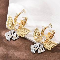 Серьги-гвоздики с бантом из латуни с микропаве из прозрачных кубических цирконий&nbsp;EJEW-P323-01G