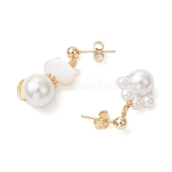 Серьги-гвоздики в форме кошки и с принтом лапы из натуральной белой ракушки из латуни&nbsp;EJEW-TA00644