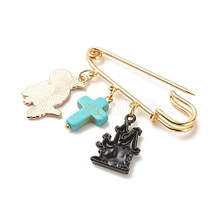 Alfiler de seguridad con dije de esmalte de aleación de castillo y cuervo de halloween con cruz turquesa sintética&nbsp;JEWB-BR00069-04