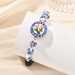 2 juego de pulseras elásticas planas redondas de porcelana estampadas a mano con motivos florales y de roca volcánica natural&nbsp;BJEW-JB14186