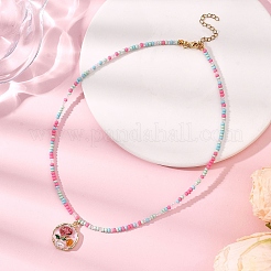 Женские ожерелья из стеклянных бусин с подвеской в виде цветка и эмали&nbsp;NJEW-JN05550-02