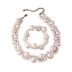 Наборы ожерелий и браслетов из круглых бусин с имитацией пластикового жемчуга&nbsp;FS-WG85D91-01