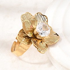 201 anelli a polsino regolabili da donna in acciaio inossidabile con pavé di zirconi cubici singoli.&nbsp;RJEW-K318-02K-G