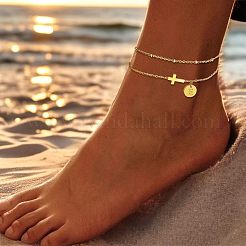 Браслеты на ногу из латуни с боковыми поперечными связями и плоскими круглыми начальными подвесками&nbsp;FS-WG12DAA-05