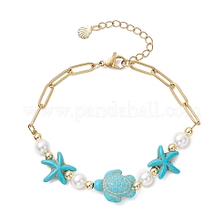 Braccialetti a maglie con perline di turchese sintetico e perle di conchiglia&nbsp;BJEW-JB13807-01