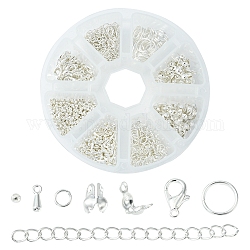 Kit de recherche de fabrication de bijoux de bricolage, y compris les pointes de perles en laiton et la perle à écraser, rallonge de chaîne de fer et anneaux de saut, fermoirs et breloques en alliage de zinc, couleur d'argent