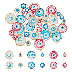 SUPERFINDINGS 48Pcs 12 Styles Alloy Epoxy Resin Pendants, Evil Eye Charms, with Enamel, Mixed Color, Light Gold, 10~21.5x8~18.5x1.5~3mm, Hole: 1~1.8mm, 4pcs/style