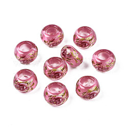 Perles rondelles acryliques transparentes imprimées de fleurs, Perles avec un grand trou   , rose chaud, 15x9mm, Trou: 7mm