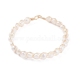Bracciali da donna con perline d'acqua dolce coltivate naturali, braccialetti di perline avvolti in filo di rame, bianco, diametro interno: 2-1/8~2-1/4 pollice (5.45~5.7 cm)
