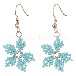 Glass Seed Braided Snowflake Dangle Earrings, Golden 304 Stainless Steel Wire Wrap Christmas Earrings for Women, Pale Turquoise, 42mm, Pin: 0.7mm