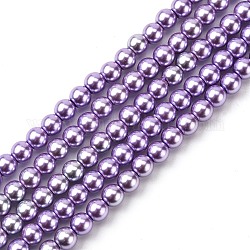 Perle di perle di vetro di grado ecologico, perlato, tondo, lilla, 6mm, Foro: 1.2~1.5 mm, circa 68pcs/filo, 16'' (40.64 cm)