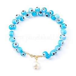 Natürliche Perle Charme Armbänder, mit handgemachten Böse Augen Bunte Malerei Perlen und Karton, Runde, golden, Verdeck blau, 7-1/2 Zoll (19 cm)