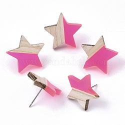 Transparent Resin & Wood Stud Earrings, with 304 Stainless Steel Pin, Star, Deep Pink, 17x18mm, Pin: 0.7mm