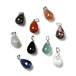 Pendentifs en pierres gemmes mélangées, avec les accessoires en laiton de tonalité de platine, charme de larme, 20~21x11~12mm, Trou: 6x3.5mm