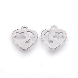 201 Stainless Steel Charms, Cut-Out, Heart with Moon & Star, Stainless Steel Color, 12x11x0.8mm, Hole: 1.4mm