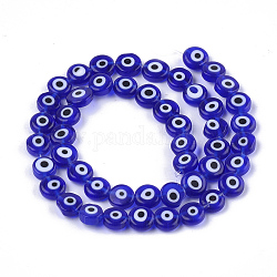 Hechos a mano de mal de ojo lampwork perlas hebras, plano y redondo, azul, 7.5x3mm, agujero: 1 mm, aproximamente 48 pcs / cadena, 13.7 pulgada ~ 14.9 pulgadas