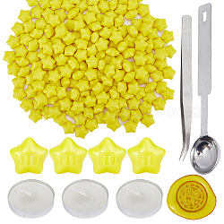 Craspire 200 pièces particules de cire à cacheter étoile, avec 1 cuillère en acier inoxydable et 3 bougies rondes plates et 1 pinces à perles en fer, pour cachet de cachet rétro, jaune, 12~12.5mm