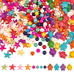 Nbeads 6 Strands 3 Styles Synthetic Howlite & Synthetic Turquoise Beads Strands Set, Dyed, Starfish/Sea Star & Round & Tortoise, Mixed Color, 8~19x8~14x5~8mm, Hole: 1mm, about 23~50pcs/strand, 14.76~15.35''(37.5~38.989cm), 2 strands/style