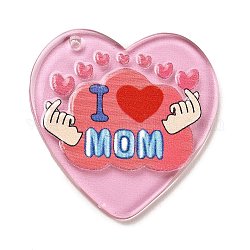 Pendenti in acrilico trasparente stampato per la festa della mamma, cuore con amo mamma, rosa caldo, 38x36.5x2.5mm, Foro: 1.8 mm