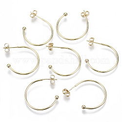 Brass Half Hoop Earrings, Stud Earring, Nickel Free, with Ear Nuts and 925 Sterling Silver Pins, Real 18K Gold Plated, 26~30x25~28x3mm, Pin: 0.7mm