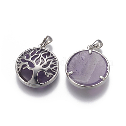 Natural Amethyst Pendants, with Brass Findings, Flat Round with Tree of Life, Platinum, 32x27.5~28x7mm, Hole: 4x6mm