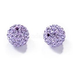 Perles de strass en argile polymère, Perles de boule pavé disco , Grade a, ronde, la moitié foré, violette, 10mm, Trou: 1mm