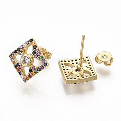 Brass Micro Pave Colorful Cubic Zirconia Stud Earrings, with Earring Backs, Rhombus, Real 16K Gold Plated, 13.5x13.5mm, Side Length: 10mm, Pin: 0.7mm