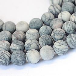Bereifte natürliche schwarze Seide Stein / Netstone Runde Perlenstränge, 10 mm, Bohrung: 1.2 mm, ca. 36 Stk. / Strang, 15.5 Zoll