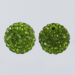Perles de boule pavé disco , Perles de strass en argile polymère, ronde, olivine, pp13 (1.9~2mm), 5 rangs de strass, 8mm, Trou: 1mm