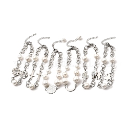 Ccb perline di perle e 304 bracciale a maglie in acciaio inossidabile da donna, colore acciaio inossidabile, Modelli misti, ciondoli:14~20x14~15x0.7~1.4mm, 6-7/8~7-1/4 pollice (17.5~18.5 cm)