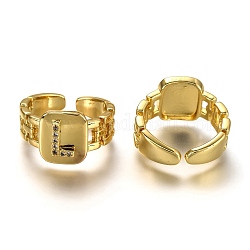 Latón micro pave anillos de brazalete de circonio cúbico, anillos abiertos, Plateado de larga duración, Rectángulo, dorado, letter.l, nosotros tamaño 7 1/4 (17.5 mm)
