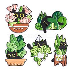 5 Pcs Cat Brooche Pins Set Enamel Lapel Pins Cute Black Cat Plants Enamel Brooche Pins Set Cartoon Animal Pins Badges Clothing Bags Jackets for Women, Colorful, 30~31x14~27.5mm, Pin: 1mm, 1Pc/style