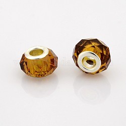 Граненый стеклянные европейские шарики, бусины с большими отверстиями в форме шайбы, с латунными ярдами серебянного цвета , седло коричневый, 14x9 мм, отверстие : 5 мм