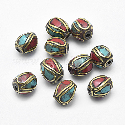 Perles Indonésiennes manuelles, avec du laiton, corail synthétique, turquoise, ovale, colorées, 10~10.5x9~10mm, Trou: 1.5mm