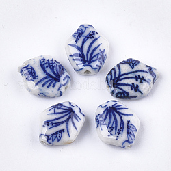 Abalorios de porcelana hechas a mano, porcelana azul y blanca, hierba, azul, 18x15x6mm, agujero: 1.6 mm
