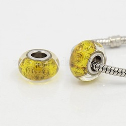 Glass European Beads, Large Hole Beads, with Platinum Color Brass Double Cores, Rondelle with Pattern, Yellow, 14~14.5x8mm, Hole: 5mm