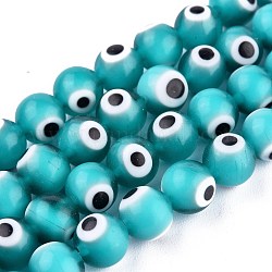 Hechos a mano de cristal de murano mal ojo hebras de perlas redondas, turquesa, 8mm, agujero: 1 mm, aproximamente 49 pcs / cadena, 14.17 pulgada