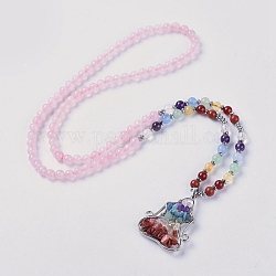 Colliers avec pendentif en quartz rose naturel, avec les accessoires en laiton, yoga / chakra, 29.9 pouce (76 cm), perles: 3~6.5 mm, pendentif: 43x34x7~9 mm