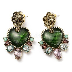 Orecchini pendenti in vetro verde, orecchini antichi in lega d'oro con 925 perno in argento sterling, cuore, 52x33mm