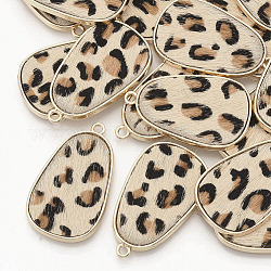 Ciondoli in pelle di vacchetta ecologica, con montature cabochon in lega placcata in oro, lacrima, con il modello della stampa del leopardo, peachpuff, 35x21x2~3mm, Foro: 1.8 mm