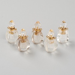 Facettierte natürliche Quarzkristallanhänger, Anhänger aus Bergkristall, zu öffnende Parfümflasche, mit goldenen Messing Zubehör, 32~33x17~18x16 mm, Bohrung: 2 mm, Kapazität: 1 ml (0.03 fl. oz)