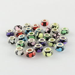 Large Hole Heart Pattern Acrylic European Beads, with Silver Color Plated Brass Double Cores, Faceted Rondelle, Mixed Color, 14x9mm, Hole: 5mm