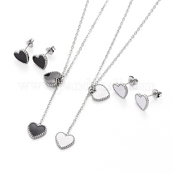 Heart 304 Stainless Steel Enamel Jewelry Sets, Cable Chains Pendant Necklaces and Stud Earrings, with Lobster Claw Clasps and Ear Nuts, Stainless Steel Color, Mixed Color, 17.11 inch(45cm), 9.5x10x1.5mm, Pin: 0.6mm